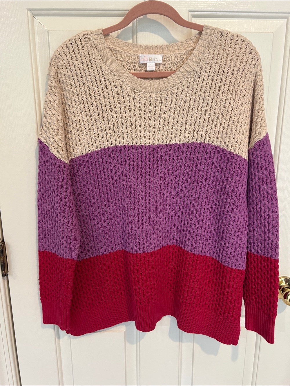 Belle by Kim Gravel Colorblock Crewneck Sweater in Beige, Purple & Red